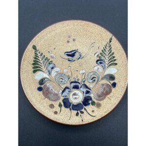 Tonala Plate Trinket Dish Floral Folk Art Signed Netz Mex from Mexico 5-1/4" Dia
